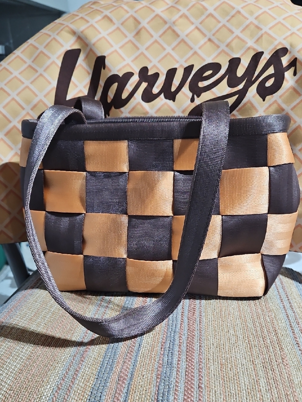 Harveys Checker Tote Seat Belt Bag in Brown and Orange With Dust Bag